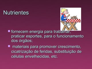 Nutrientes


  fornecem  energia para trabalhar,
  praticar esportes, para o funcionamento
  dos órgãos;
  materiais para promover crescimento,
  cicatrização de feridas, substituição de
  células envelhecidas, etc.
 