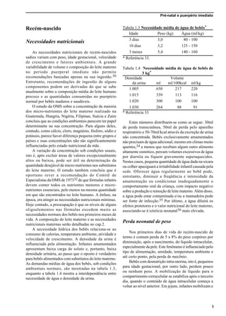 Pré-natal e puerpério imediato
5
Recém-nascido
Necessidades nutricionais
As necessidades nutricionais de recém-nascidos
sadios variam com peso, idade gestacional, velocidade
de crescimento e fatores ambientais. A grande
variabilidade de volume e composição do leite materno
no período puerperal imediato não permite
recomendações baseadas apenas na sua ingestão.30
Entretanto, recomendações de ingestão de alguns
componentes podem ser derivadas do que se sabe
atualmente sobre a composição média do leite humano
precoce e as quantidades consumidas no puerpério
normal por bebês maduros e saudáveis.
O estudo da OMS sobre a concentração da maioria
dos micro-nutrientes do leite materno realizado na
Guatemala, Hungria, Nigéria, Filipinas, Suécia e Zaire
concluiu que as condições ambientais parecem ter papel
determinante na sua concentração. Para alguns deles,
contudo, como cálcio, cloro, magnésio, fósforo, sódio e
potássio, parece haver diferença pequena entre grupos e
países e suas concentrações não são significantemente
influenciadas pelo estado nutricional da mãe.
A variação da concentração sob condições usuais,
isto é, após excluir áreas de valores excepcionalmente
altos ou baixos, pode ser útil na determinação da
quantidade desejável de micro-nutrientes nos substitutos
do leite materno. O estudo também concluiu que é
oportuno rever a recomendação do Comitê de
Especialistas da OMS de 197332 de que fórmulas infantis
devem conter todos os nutrientes menores e micro-
nutrientes essenciais, pelo menos na mesma quantidade
em que são encontrados no leite humano. A ênfase, na
época, era atingir as necessidades nutricionais mínimas.
Hoje contudo, a preocupação é que os níveis de alguns
oligoelementos nas fórmulas excedem muito as
necessidades normais dos bebês nos primeiros meses de
vida. A composição do leite materno e as necessidades
nutricionais maternas serão detalhadas no cap.2.
A necessidade hídrica dos bebês relaciona-se ao
consumo de calorias, temperatura ambiente, atividade e
velocidade de crescimento. A densidade da urina é
influenciada pela alimentação. Infantes amamentados
apresentam baixa carga de soluto e, portanto, baixa
densidade urinária, ao passo que o oposto é verdadeiro
para bebês alimentados com substitutos do leite materno.
As demandas médias de água dos bebês, sob condições
ambientais normais, são mostradas na tabela 1.3,
enquanto a tabela 1.4 mostra a interdependência entre
necessidade de água e densidade da urina.
Tabela 1.3 Necessidade média de água de bebês*
Idade Peso (kg) Água (ml/kg)
3 dias 3,0 80 - 100
10 dias 3,2 125 - 150
3 meses 5,4 140 - 160
* Referência 33.
Tabela 1.4 Necessidade média de água de bebês de
3 kg*
Densidade Volume
da urina ml ml/100kcal ml/kg
1.005 650 217 220
1.015 339 113 116
1.020 300 100 100
1.030 264 88 91
* Referência 33
Estes números distribuem-se como se segue: 30ml
de perda transcutânea, 50ml de perda pelo aparelho
respiratório e 50-70ml/kcal através da excreção de urina
não concentrada. Bebês exclusivamente amamentados
não precisam de água adicional, mesmo em climas muito
quentes,34 a menos que recebam algum outro alimento
altamente osmótico, percam volumes excessivos de água
por diarréia ou fiquem gravemente superaquecidos.
Nestes casos, pequena quantidade de água dada na xícara
ou colher apaziguará a irritabilidade infantil causada pela
sede. Oferecer água regularmente ao bebê pode,
entretanto, diminuir a freqüência e intensidade da
amamentação ou condicionar inadequadamente o
comportamento oral da criança, com impacto negativo
sobre a produção e remoção de leite materno. Além disso,
a água pode estar contaminada e/ou a mamadeira pode
ser fonte de infecção.35 Por último, a água diluirá os
efeitos protetores e o valor nutricional do leite materno,
associando-se à icterícia neonatal36 mais elevada.
Perda neonatal de peso
Nos primeiros dias de vida do recém-nascido de
termo é comum perda de 5 a 8% do peso corpóreo por
diminuição, após o nascimento, do líquido intracelular,
especialmente da pele. Este fenômeno é influenciado pelo
tipo de alimentação, umidade, temperatura ambiente e
até certo ponto, pela perda de mecônio.
Bebês com desnutrição intra-uterina, isto é, pequenos
para idade gestacional, por outro lado, perdem pouco
ou nenhum peso. A mobilização de líquido para o
compartimento extracelular se estabiliza após o terceiro
dia, quando o conteúdo de água intracelular começa a
voltar ao nível anterior. Em jejum, infantes mobilizam e
 