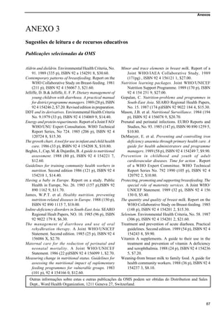 Anexos
87
ANEXO 3
Sugestões de leitura e de recursos educativos
Publicações selecionadas da OMS
Minor and trace elements in breast milk. Report of a
Joint WHO/IAEA Collaborative Study. 1989
(171pg) , ISBN 92 4 156121 1, $27.00.
Nutrition learning packages. Joint WHO/UNICEF
Nutrition Support Programme. 1989 (170 p), ISBN
92 4 154 251 9, $27.00.
Gopalan, C. Nutrition-problems and programmes in
South-East Asia. SEARO Regional Health Papers,
No. 15. 1987 (174 p)ISBN 92 9022 184 4, $15.30.
Mason, J.B. et al. Nutritional Surveillance. 1984 (194
p), ISBN 92 4 156078 9, $20.70.
Prenatal and perinatal infections. EURO Reports and
Studies, No. 93. 1985 (147 p), ISBN 90 890 1259 5,
$10.80.
DeMaeyer, E. et al. Preventing and controlling iron
deficiency anaemia through primary health care. A
guide for health administrators and programme
managers. 1989 (58 p), ISBN 92 4 154249 7, $9.90.
Prevention in childhood and youth of adult
cardiovascular diseases. Time for action . Report
of a WHO Expert Committee. WHO Technical
Report Series No. 792 1990 (105 p), ISBN 92 4
120792 2, $10.80.
Protecting, promoting and supporting breastfeeding. The
special role of maternity services. A Joint WHO/
UNICEF Statement. 1989 (32 p), ISBN 92 4 156
130 0, $5.40.
The quantity and quality of breast milk. Report on the
WHO Collaborative Study on Breast-feeding. 1985
(148 p), ISBN 92 4 154201 2, $15.30.
Selenium. Environmental Health Criteria, No. 58. 1987
(306 p), ISBN 92 4 154201 2, $21.60.
Treatment and prevention of acute diarhoea. Practical
guidelines. Second edition. 1989 (54 p), ISBN 92 4
154243 8, $9.90.
Vitamin A supplements. A guide to their use in the
treatment and prevention of vitamin A deficiency
and xerophthalmia. 1988 (24 p), ISBN 92 4 154236
5, $7.20.
Weaning-from breast milk to family food. A guide for
health community workers. 1988 (36 p), ISBN 92 4
154237 3, $8.10.
Aldrin and dieldrin. Environmental Health Criteria, No.
91. 1989 (335 p), ISBN 92 a 154291 8, $30.60.
Contemporary patterns of breastfeeding. Report on the
WHO Collaborative Study on Breast-feeding. 1981
(211 p), ISBN 92 4 156067 3, $21.60.
Jelliffe, D. B.& Jelliffe, E. F. P. Dietary management of
young children with diarrhoea. A practical manual
for district programme managers. 1989 (28 p), ISBN
92 4 154246 2, $7.20. Revised edition in preparation.
DDT and its derivatives. Environmental Health Criteria
No. 9.1979 (33 p), ISBN 92 4 154069 9, $14.40.
Energy and protein requeriments. Report of a Joint FAO/
WHO/UNU Expert Consultation. WHO Technical
Report Series, No 724. 1985 (206 p), ISBN 92 4
120724 8, $15.30.
The growth chart. A tool for use in infant and child health
care. 1986 (33 p), ISBN 92 4 154208 X, $10.80.
Beghin, I., Cap, M. & Dujardin, B. A guide to nutritional
assessment. 1988 (80 p), ISBN 92 4 154221 7,
$12.60.
Guidelines for training community health worhers in
nutrition. Second edition 1986 (121 p), ISBN 92 4
154210 1, $14.40.
Having a baby in Europe. Report on a study. Public
Health in Europe, No. 26. 1985 (157 p),ISBN 92
890 1162 9, $11.70.
James, W.P.T. et al. Healthy nutrition. preventing
nutrition-related diseases in Europe. 1988 (150 p),
ISBN 92 890 1115 7, $18.00.
Iodine-deficiency disorders in South-East Asia. SEARO
Regional Healt Papers, NO. 10. 1985 (96 p), ISBN
92 9022 179 8, $6.30.
The management of diarrhoea and use of oral
rehydhration therapy. A Joint WHO/UNICEF
Statement. Second edition. 1985 (25 p), ISBN 92 4
156086 X, $2.70.
Maternal care for the reduction of perinatal and
neonatal mortality. A Joint WHO/UNICEF
Statement. 1986 (22 p)ISBN 92 4 156099 1, $2.70.
Measuring change in nutritional status. Guidelines for
assessing the nutritional impact of suplementary
feeding programmes for vulnerable groups. 1983
(101 p), 92 4 154166 0, $12.60.
Outras informações sobre estas e outras publicações da OMS podem ser obtidas do Distribution and Sales
Dept., Word Health Organization, 1211 Geneva 27, Switzerland.
 
