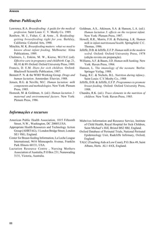 Anexos
88
Outras Publicações
Lawrence, R.A. Breastfeeding: A guide for the medical
profession. Saint Louis: C. V. Mosby Co. 1989.
Renfrew, M. J., Fisher, C. & Arms , S. Bestfeeding:
getting breastfeeding right for you. Berkley,
California: Celestial Arts, 1990.
Minchin, M. K. Breastfeeding matters: what we need to
knoow about infant feeding. Melbourne: Alma
Publications, 1989.
Chalmers, I., Enkim, M. W., Kierse, M.J.N.C.(ed).
Effective care in pregnancy and childbirth. Cap. 21,
80, 81 & 89. Oxford: Oxford University Press, 1989.
Francis, D. E.M. Diets for sich children. Oxford:
Blackwell Scientific Publication, 1987.
Bennett P. N. & the WHO Working Group. Drugs and
human lactation. Amsterdan: Elsevier, 1988.
Jensen, R.G. & Neville, M.C. Human lactation: milk
components and methodologies. New York: Plenum
Press, 1985.
Homosh, M. & Goldman, A. (ed.). Human lactation 2:
maternal and environmental factors. New York:
Plenum Press, 1986.
Goldman, A.S., Atkinson, S.A. & Hanson, L.A. (ed.).
Human lactation 3: effects on the recipient infant.
New York: Plenum Press, 1987.
Howell, R.R., Morris, F.H. & Pickering, L.K. Human
milk in infant nutritionand health. Springfield: C.C.
Thomas, 1986.
Jelliffe, D.B. & Jelliffe, E.F.P. Human milk in the modern
wolrd. Oxford: Oxford University Press, 1978
(edição revista em preparação).
Williams, A.F. & Baum, J.D. Human milk banking. New
York: Raven Press, 1984.
Hanson, L. The imunology of the neonate. Berlin:
Springer Verlag, 1988.
Tsang, R.C. & Nichols, B.L. Nutrition during infancy.
Saint Louis: C.V.Mosby Co., 1988
Jelliffe, D.B. & Jelliffe, E.F.P. Programmes to promote
breast-feeding. Oxford: Oxford University Press,
1988.
Chandra, R.K. (ed.). Trace elements in the nutrition of
children. New York: Raven Press, 1985.
Informações e recursos
American Public Health Association, 1015 Fifteenth
Street, N.W., Washington, DC 20005,USA.
Appropriate Health Resources and Technology Action
Group (AHRTAG), 1 London Bridge Street, London
SE1 9SG, England.
Center for Breast-feeding Information, La Leche League
International, 9616 Minneapolis Avenue, Franklin
Park Illinois 60131, USA.
Lactation Resource Centre , Nursing Mothers
Association of Australia, P.O Box 231, Nunawading
3131, Victoria, Australia.
Midwives Information and Resource Service, Institute
of Child Health, Royal Hospital for Sick Children,
Saint Michael’s Hill, Bristol BS2 8BJ, England.
Oxford Database of Perinatal Trials, National Perinatal
Epidemiology Unit, Radcliffe Infirmary, Oxford,
England.
TALC (Teaching Aids at Low Coast), P.O. Box 49, Saint
Albans, Herts. AL1 4AX, England.
 