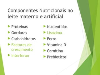 Componentes Nutricionais no
leite materno e artificial
 Proteinas
 Gorduras
 Carbohidratos
 Factores de
crescimento
 Interferon
 Nucleotidos
 Lisozima
 Ferro
 Vitamina D
 Carnitina
 Prebioticos
 