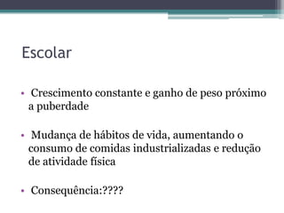 Escolar
• Crescimento constante e ganho de peso próximo
a puberdade
• Mudança de hábitos de vida, aumentando o
consumo de comidas industrializadas e redução
de atividade física
• Consequência:????

 