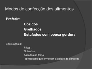 Modos de confecção dos alimentos
Preferir:
Cozidos
Grelhados
Estufados com pouca gordura
Em relação a:
Fritos
Guisados
Assados no forno
(processos que envolvem a adição de gordura)

 
