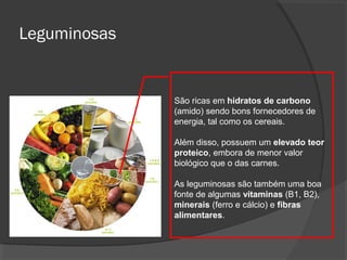 Leguminosas

São ricas em hidratos de carbono
(amido) sendo bons fornecedores de
energia, tal como os cereais.
Além disso, possuem um elevado teor
proteico, embora de menor valor
biológico que o das carnes.
As leguminosas são também uma boa
fonte de algumas vitaminas (B1, B2),
minerais (ferro e cálcio) e fibras
alimentares.

 
