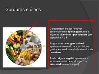 Gorduras e óleos

Caracterizam-se por fornecer
essencialmente lípidos/gorduras e
algumas vitaminas lipossolúveis (em
especial a A e E).
As gorduras de origem animal
apresentam elevado teor em ácidos
gordos saturados e níveis elevados de
colesterol.
As de origem vegetal apresentam
teores elevados de ácidos gordos
insaturados (mono e poli).

 
