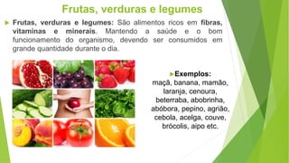  Frutas, verduras e legumes: São alimentos ricos em fibras,
vitaminas e minerais. Mantendo a saúde e o bom
funcionamento do organismo, devendo ser consumidos em
grande quantidade durante o dia.
Frutas, verduras e legumes
Exemplos:
maçã, banana, mamão,
laranja, cenoura,
beterraba, abobrinha,
abóbora, pepino, agrião,
cebola, acelga, couve,
brócolis, aipo etc.
 
