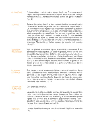 61
Polissacarídeo constituído de unidades de glicose. É formado a partir
da glicose sangüínea e é estocado no fígado e nos músculos de orga-
nismos animais (1). Fontes alimentares: carnes em geral e frutos do
mar (2).
Trata-se de um tipo de açúcar (carboidrato) simples, encontrado natu-
ralmente em tecidos vegetais e também na corrente sangüínea (1;2).
Os produtos finais da digestão de carboidratos consistem quase que
exclusivamente em glicose, sendo esta a forma como os carboidratos
são transportados para as células. Nos animais, o cérebro e os mús-
culos só utilizam a glicose como fonte de energia. Por isso, períodos
prolongados de jejum ou dietas com baixíssimas quantidades de
carboidratos podem prejudicar o bom funcionamento desses tecidos
orgânicos. Abundante em frutas, xaropes de cereais, mel e certas
raízes (2).
Tipo de gordura usualmente líquida à temperatura ambiente. É en-
contrada em óleos vegetais. Os óleos de girassol, milho, canola, oliva
e soja são alguns exemplos de fontes de gorduras insaturadas. Esse
tipo de gordura ajuda a diminuir os níveis de colesterol sangüíneo
quando associada a uma dieta com quantidades moderadas de gor-
dura (12). Existem dois tipos de gordura insaturada: as gorduras (ou
ácidos graxos) monoinsaturadas e as poliinsaturadas (vide ácidos
graxos essenciais).
Tipo de gordura que aumenta o nível de colesterol sangüíneo. Apre-
senta consistência sólida à temperatura ambiente. A maioria dessas
gorduras são de origem animal, mas existem algumas fontes vege-
tais. Exemplos: manteiga, banha de porco, gorduras das carnes, gor-
duras hidrogenadas (conhecidas como gordura para bolos), óleo de
palmeira e óleo de coco (1; 12).
Vide pirâmide alimentar.
Lipoproteína de alta densidade. Um tipo de lipoproteína que contém
maior quantidade de proteína e menor de gordura. Responsável por
retirar o colesterol dos tecidos e do sangue e transportá-los para o
fígado para produzir bile. É conhecida popularmente como “bom”
colesterol, pois quanto maior estiver a sua taxa no sangue, menor é o
risco de doenças cardiovasculares (14).
Um tipo de célula do sangue, também chamada de glóbulo vermelho
(15).
GLICOGÊNIO
GLICOSE
GORDURA
INSATURADA
GORDURA
SATURADA
GRUPOS DE
ALIMENTOS
HDL
HEMÁCIA
 
