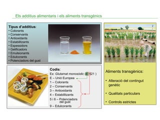 Els additius alimentaris i els aliments transgènics
Tipus d’additius:
• Colorants
• Conservants
• Antioxidants
• Estabilitzants
• Espessidors
• Gelificadors
• Emulsionants
• Edulcorants
• Potenciadors del gust

Codis:
Ex: Glutamat monosòdic ( E 621 )
E – Unió Europea
1 – Colorants
2 – Conservants
3 – Antioxidants
4 – Estabilitzants
5 i 6 – Potenciadors
del gust
9 – Edulcorants

Aliments transgènics:
• Alteració del contingut
genètic
• Qualitats particulars
• Controls estrictes

 