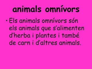 animals omnívors
• Els animals omnívors són
els animals que s’alimenten
d’herba i plantes i també
de carn i d’altres animals.
 