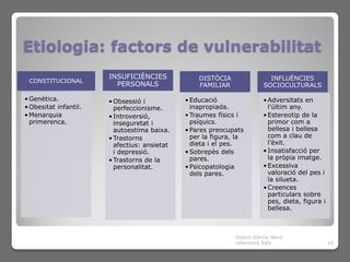 Etiologia: factors de vulnerabilitat
                       INSUFICIÈNCIES             DISTÒCIA                INFLUÈNCIES
 CONSTITUCIONAL
                         PERSONALS                FAMILIAR              SOCIOCULTURALS

• Genètica.            • Obsessió i           • Educació                • Adversitats en
• Obesitat infantil.     perfeccionisme.        inapropiada.              l’últim any.
• Menarquia            • Introversió,         • Traumes físics i        • Estereotip de la
  primerenca.            inseguretat i          psíquics.                 primor com a
                         autoestima baixa.    • Pares preocupats          bellesa i bellesa
                       • Trastorns              per la figura, la         com a clau de
                         afectius: ansietat     dieta i el pes.           l’èxit.
                         i depressió.         • Sobrepès dels           • Insatisfacció per
                       • Trastorns de la        pares.                    la pròpia imatge.
                         personalitat.        • Psicopatologia          • Excessiva
                                                dels pares.               valoració del pes i
                                                                          la silueta.
                                                                        • Creences
                                                                          particulars sobre
                                                                          pes, dieta, figura i
                                                                          bellesa.



                                                              Dolors Garcia Navó
                                                              infermera SiEs                     16
 