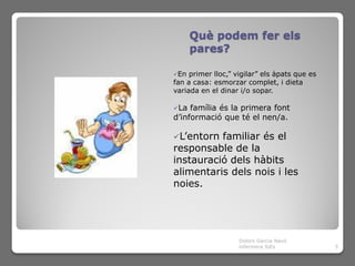 Què podem fer els
      pares?

En  primer lloc,” vigilar” els àpats que es
fan a casa: esmorzar complet, i dieta
variada en el dinar i/o sopar.

La  família és la primera font
d’informació que té el nen/a.

L’entorn familiar és el
responsable de la
instauració dels hàbits
alimentaris dels nois i les
noies.




                    Dolors Garcia Navó
                    infermera SiEs             5
 