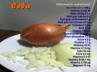 Informació nutricionalInformació nutricional
Quantitat per aQuantitat per a 100 g100 g
Calories (kcal) 39Calories (kcal) 39
Greix (total) 0,1 gGreix (total) 0,1 g
Àcid gras saturat 0 gÀcid gras saturat 0 g
Àcid gras poliinsaturat 0 gÀcid gras poliinsaturat 0 g
Àcid gras monoinsaturat 0 gÀcid gras monoinsaturat 0 g
Colesterol 0 mgColesterol 0 mg
Sodi 4 mgSodi 4 mg
Potassi 146 mgPotassi 146 mg
Carbohidrats (total) 9 gCarbohidrats (total) 9 g
Fibra alimentària 1,7 gFibra alimentària 1,7 g
Sucre 4,2 gSucre 4,2 g
Proteïna 1,1 gProteïna 1,1 g
Vitamina A2 IUVitamina A2 IU
Vitamina C7,4 mgVitamina C7,4 mg
Calci 23 mgCalci 23 mg
Ferro 0,2 mgFerro 0,2 mg
Vitamina D 0 IUVitamina D 0 IU
Vitamina B 60,1 mgVitamina B 60,1 mg
Vitamina C120 µgVitamina C120 µg
Magnesi 10 mgMagnesi 10 mg
CebaCeba
 