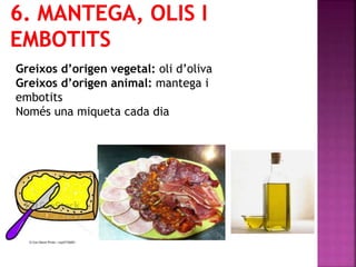 Greixos d’origen vegetal: oli d’oliva
Greixos d’origen animal: mantega i
embotits
Només una miqueta cada dia
 