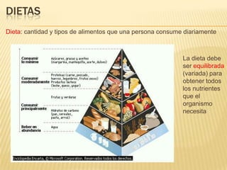 DIETAS
Dieta: cantidad y tipos de alimentos que una persona consume diariamente



                                                            La dieta debe
                                                            ser equilibrada
                                                            (variada) para
                                                            obtener todos
                                                            los nutrientes
                                                            que el
                                                            organismo
                                                            necesita
 