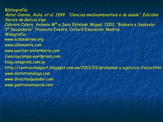 Bibliografía:
Ástor Camino, Xulio, et al. 1999. “Ciencias medioambientais e da saúde”. Edicións
Xerais de Galicia.Vigo.
Cabrera Calero, Antonio Mª e Sanz Esteban, Miguel. 2002. “Bioloxia e Xeoloxía-
3º Secundaria”. Proxecto Exedra. Oxford Educación. Madrid.
Webgrafía:
www.actasdermo.org
www.alimmenta.com  
www.auxiliar-enfermeria.com  
cienciaycampo.wordpress.com  
blog.conaprole.com.uy
http://centrovitasport.blogspot.com.es/2013/03/proteinas-y-ejercicio-fisico.html
www.dietistamalaga.com
www.directoalpaladar.com  
www.gastronomiaycia.com  
 