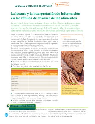La lectura y la interpretación de información
en los rótulos de envases de los alimentos
La mayoría de los envases incluyen rótulos con los valores nutricionales, para
informar al consumidor sobre las características de los alimentos. Aprender
a interpretar los datos nutricionales de los rótulos en cada alimento significa
detenernos en la lectura del contenido de energía (calorías) y tipos de nutrientes.
VENTANA A UN MODO DE CONOCER
Las guías alimentarias recomiendan
que la mitad de las raciones
aconsejadas del grupo de los cereales
(pan, cereales, pasta y arroz) se
consuman en su versión integral.
Según la normativa vigente, todos los alimentos deben contener en
sus rótulos información sobre sus propiedades nutricionales, la cual
comprende la declaración de nutrientes que contiene un alimento y
su valor energético, y la declaración de propiedades nutricionales o
información nutricional complementaria que implica que un produc-
to posee propiedades nutricionales particulares.
Dentro de esta descripción se pueden nombrar los carbohidratos,
fibras alimentarias, lípidos, grasas saturadas, monoinsaturadas, poliin-
saturadas, trans, colesterol, proteínas y sodio.Todos estos deben estar
expresados en gramos (g), excepto para el caso del sodio, el cual debe
expresarse su cantidad en miligramos (mg). Además, en los rótulos se
pueden declarar optativamente las vitaminas y minerales.
1. Busquen dos rótulos con información nutricional del pan lactal
blanco y del integral.
2. Completen la siguiente tabla para cada variedad de pan.
3. Comparen la información nutricional de las dos tablas y establez-
can las diferencias entre el pan blanco y el integral en cuanto a calo-
rías, cantidad de fibra y los nutrientes que contienen.
4. ¿Cuál es el tipo de pan que tiene mayor valor nutricional y benefi-
cios para la salud? Fundamenten su respuesta.
EN BIOLOGÍA
Materiales
• Diferentes rótulos con
información nutricional en los
envases de pan lactal, tanto de
pan blanco como integral.
1. ¿Para qué les sirvió interpretar y comparar la información
de las etiquetas de los panes seleccionados?
2. Juliana afirma que “la información en letras pequeñas, que
viene en todos los envases de los productos que consumi-
mos día a día, pasa desapercibida, mientras nos concentramos
únicamente en el precio y en la marca y vamos por la vida des-
cuidando lo más importante”. ¿Están de acuerdo con lo que afir-
ma Juliana? Fundamenten su respuesta.
RESULTADOS Y CONCLUSIONES
INFORMACIÓN NUTRICIONAL
TAMAÑO DE LA PORCIÓN EXPRESADA EN GRAMOS
CANTIDAD POR
PORCIÓN
PORCENTAJE DELVALOR DIARIO
RECOMENDADO (%VD)
CANTIDAD CADA
100 GRAMOS
Valor energético
Carbohidratos
Proteínas
Grasas totales
Grasas saturadas
Grasas trans
Colesterol
Fibra alimentaria
Sodio
 