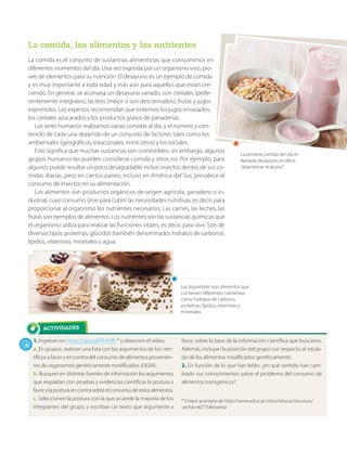 1. Ingresen en https://goo.gl/RH4Vfk * y observen el video.
a. En grupos, realicen una lista con los argumentos de los cien-
tíficos a favor y en contra del consumo de alimentos provenien-
tes de organismos genéticamente modificados (OGM).
b. Busquen en distintas fuentes de información los argumentos
que respaldan con pruebas y evidencias científicas la postura a
favorylaposturaencontrasobreelconsumodeestosalimentos.
c. Seleccionen la postura con la que acuerde la mayoría de los
integrantes del grupo, y escriban un texto que argumente a
favor, sobre la base de la información científica que buscaron.
Además, incluyan la posición del grupo con respecto al rotula-
do de los alimentos modificados genéticamente.
2. En función de lo que han leído: ¿en qué sentido han cam-
biado sus conocimientos sobre el problema del consumo de
alimentos transgénicos?
* Enlace acortado de http://www.educ.ar/sitios/educar/recursos/
ver?id=40775#insertar
La comida, los alimentos y los nutrientes
La comida es el conjunto de sustancias alimenticias que consumimos en
diferentes momentos del día. Una vez ingerida por un organismo vivo, pro-
vee de elementos para su nutrición. El desayuno es un ejemplo de comida
y es muy importante a toda edad y más aún para aquellos que están cre-
ciendo. En general, se aconseja un desayuno variado, con cereales (prefe-
rentemente integrales), lácteos (mejor si son descremados), frutas y jugos
exprimidos. Los expertos recomiendan que evitemos los jugos envasados,
los cereales azucarados y los productos grasos de panaderías.
Los seres humanos realizamos varias comidas al día, y el número y con-
tenido de cada una depende de un conjunto de factores tales como los
ambientales (geográficos, estacionales, entre otros) y los sociales.
Esto significa que muchas sustancias son comestibles; sin embargo, algunos
grupos humanos las pueden considerar comida y otros no. Por ejemplo, para
algunos puede resultar un poco desagradable incluir insectos dentro de sus co-
midas diarias, pero en ciertos países, incluso en América del Sur, prevalece el
consumo de insectos en su alimentación.
Los alimentos son productos orgánicos de origen agrícola, ganadero o in-
dustrial, cuyo consumo sirve para cubrir las necesidades nutritivas, es decir, para
proporcionar al organismo los nutrientes necesarios. Las carnes, las leches, las
frutas son ejemplos de alimentos. Los nutrientes son las sustancias químicas que
el organismo utiliza para realizar las funciones vitales, es decir, para vivir. Son de
diversos tipos: proteínas, glúcidos (también denominados hidratos de carbono),
lípidos, vitaminas, minerales y agua.
La primera comida del día es
llamada desayuno; es decir,
“abandonar el ayuno”.
Las legumbres son alimentos que
contienen diferentes nutrientes
como hidratos de carbono,
proteínas, lípidos, vitaminas y
minerales.
 
