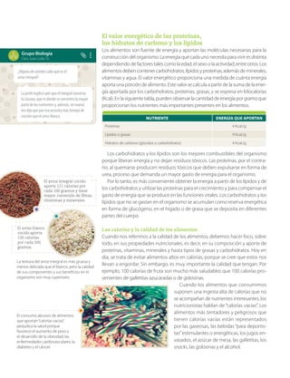 El valor energético de las proteínas,
los hidratos de carbono y los lípidos
Los alimentos son fuente de energía y aportan las moléculas necesarias para la
construcción del organismo. La energía que cada uno necesita para vivir es distinta
dependiendo de factores tales como la edad, el sexo o la actividad, entre otros. Los
alimentosdebencontenercarbohidratos,lípidosyproteínas,ademásdeminerales,
vitaminas y agua. El valor energético proporciona una medida de cuánta energía
aporta una porción de alimento. Este valor se calcula a partir de la suma de la ener-
gía aportada por los carbohidratos, proteínas, grasas, y se expresa en kilocalorías
(Kcal).Enlasiguientetabla,puedenobservarlacantidaddeenergíaporgramoque
proporcionan los nutrientes más importantes presentes en los alimentos.
Los carbohidratos y los lípidos son los mejores combustibles del organismo
porque liberan energía y no dejan residuos tóxicos. Las proteínas, por el contra-
rio, al quemarse producen residuos tóxicos que deben expulsarse en forma de
urea, proceso que demanda un mayor gasto de energía para el organismo.
Por lo tanto, es más conveniente obtener la energía a partir de los lípidos y de
los carbohidratos y utilizar las proteínas para el crecimiento y para compensar el
gasto de energía que se produce en las funciones vitales. Los carbohidratos y los
lípidos que no se gastan en el organismo se acumulan como reserva energética
en forma de glucógeno, en el hígado o de grasa que se deposita en diferentes
partes del cuerpo.
Las calorías y la calidad de los alimentos
Cuando nos referimos a la calidad de los alimentos, debemos hacer foco, sobre
todo, en sus propiedades nutricionales, es decir, en su composición y aporte de
proteínas, vitaminas, minerales y hasta tipos de grasas y carbohidratos. Hoy en
día, se trata de evitar alimentos altos en calorías, porque se cree que estos nos
llevan a engordar. Sin embargo, es muy importante la calidad que tengan. Por
ejemplo, 100 calorías de fruta son mucho más saludables que 100 calorías pro-
venientes de galletitas azucaradas o de golosinas.
Cuando los alimentos que consumimos
suponen una ingesta alta de calorías que no
se acompañan de nutrientes interesantes, los
nutricionistas hablan de“calorías vacías”. Los
alimentos más tentadores y peligrosos que
tienen calorías vacías están representados
por las gaseosas, las bebidas “para deportis-
tas”estimulantes o energéticas, los jugos en-
vasados, el azúcar de mesa, las galletitas, los
snacks, las golosinas y el alcohol.
¿Algunodeustedessabequéesel
arrozintegral?
Laprofeexplicóayerqueelintegralconserva
lacáscara,queesdondeseconcentralamayor
partedelosnutrientesy,además,mimamá
medijoqueporesonecesitamástiempode
cocciónqueelarrozblanco.
Grupo Biología
Ceci, Juan, Lola, Tú
NUTRIENTE ENERGÍA QUE APORTAN
Proteínas 4 Kcal./g
Lípidos o grasas 9 Kcal./g
Hidratos de carbono (glúcidos o carbohidratos) 4 Kcal./g
El arroz integral cocido
aporta 111 calorías por
cada 100 gramos y tiene
mayor contenido de fibras,
vitaminas y minerales.
El arroz blanco
cocido aporta
130 calorías
por cada 100
gramos.
La textura del arroz integral es más gruesa y
menos delicada que el blanco, pero la calidad
de sus componentes y sus beneficios en el
organismo son muy superiores.
El consumo abusivo de alimentos
que aportan“calorías vacías”
perjudica la salud porque
favorece el aumento de peso y
el desarrollo de la obesidad, las
enfermedades cardiovasculares, la
diabetes y el cáncer.
 