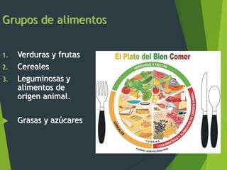 Grupos de alimentos
1. Verduras y frutas
2. Cereales
3. Leguminosas y
alimentos de
origen animal.
 Grasas y azúcares
 