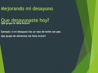 Mejorando mi desayuno
Que desayunaste hoy?
Que grupo te falta incluir?
Ejemplo: si mi desayuno fue un vaso de leche con pan.
Que grupo de alimentos me falta incluir?
 