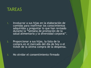 TAREAS
1. Involucrar a sus hijas en la elaboración de
comidas para reafirmar los conocimientos
adquiridos y preguntar lo que han revisado
durante la “Semana de promoción de la
salud alimentaria y la diversidad corporal”.
2. Proporcionar a sus hijas, la lista de la
compra en el mercado del día de hoy o el
ticket de la última compra de la despensa.
3. No olvidar el consentimiento firmado
 