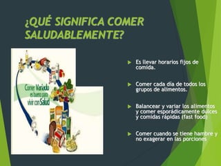 ¿QUÉ SIGNIFICA COMER
SALUDABLEMENTE?
 Es llevar horarios fijos de
comida.
 Comer cada día de todos los
grupos de alimentos.
 Balancear y variar los alimentos
y comer esporádicamente dulces
y comidas rápidas (fast food)
 Comer cuando se tiene hambre y
no exagerar en las porciones
 