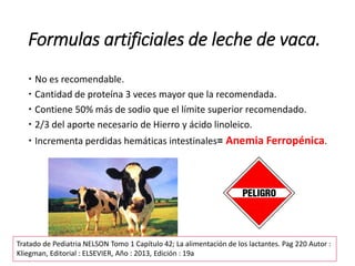 Formulas artificiales de leche de vaca.
 No es recomendable.
 Cantidad de proteína 3 veces mayor que la recomendada.
 Contiene 50% más de sodio que el límite superior recomendado.
 2/3 del aporte necesario de Hierro y ácido linoleico.
 Incrementa perdidas hemáticas intestinales= Anemia Ferropénica.
Tratado de Pediatria NELSON Tomo 1 Capítulo 42; La alimentación de los lactantes. Pag 220 Autor :
Kliegman, Editorial : ELSEVIER, Año : 2013, Edición : 19a
 