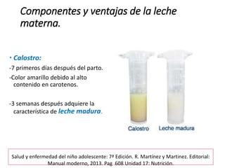 Componentes y ventajas de la leche
materna.
 Calostro:
-7 primeros días después del parto.
-Color amarillo debido al alto
contenido en carotenos.
-3 semanas después adquiere la
característica de leche madura.
Salud y enfermedad del niño adolescente: 7ª Edición. R. Martínez y Martinez. Editorial:
Manual moderno, 2013. Pag 608 Unidad 17: Nutrición.
 