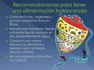    Consumir frutas, vegetales y
    granos completos ricos en
    fibras.
   Mantenerse hidratado. Beber
    suficiente líquido durante el
    día, preferiblemente agua.
   Consumir con menos
    frecuencia alimentos y
    bebidas que contienen
    azúcar y harina.
   No recompensar a los niños
    con dulces.
 