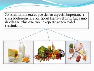 Son tres los minerales que tienen especial importancia
en la adolescencia: el calcio, el hierro y el zinc. Cada uno
de ellos se relaciona con un aspecto concreto del
crecimiento:
 