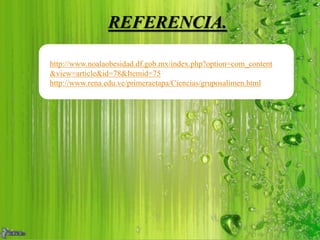 REFERENCIA.
http://www.noalaobesidad.df.gob.mx/index.php?option=com_content
&view=article&id=78&Itemid=75
http://www.rena.edu.ve/primeraetapa/Ciencias/gruposalimen.html
 