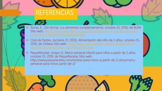 REFERENCIAS
 Torras, E.. (Sin fecha). Los alimentos complementarios. octubre 25, 2016, de ALBA
Sitio web: http://albalactanciamaterna.org/lactancia/tema-4-cuando-los-ninos-
crecen/los-alimentos-complementarios/
 Club de Padres. (octubre 21, 2013). Alimentación del niño de 2 años. octubre 25,
2016, de Ordesa Sitio web: http://www.ordesa.es/club_padres/la-salud-de-mi-
hijo/articulo/alimentacion-del-nino-de-2-anos
 PequeRecetas. (mayo 5). Menú semanal infantil para niños a partir de 2 años.
octubre 25, 2016, de PequeRecetas Sitio web:
http://www.pequerecetas.com/recetas-para-ninos-a-partir-de-2-anos/menu-
semanal-para-ninos-partir-de-2/
 