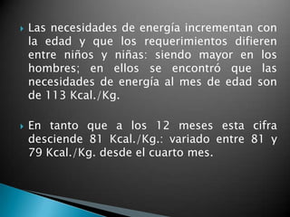    Las necesidades de energía incrementan con
    la edad y que los requerimientos difieren
    entre niños y niñas: siendo mayor en los
    hombres; en ellos se encontró que las
    necesidades de energía al mes de edad son
    de 113 Kcal./Kg.

   En tanto que a los 12 meses esta cifra
    desciende 81 Kcal./Kg.: variado entre 81 y
    79 Kcal./Kg. desde el cuarto mes.
 
