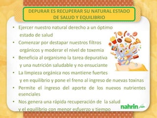 DEPURAR ES RECUPERAR SU NATURAL ESTADO
                DE SALUD Y EQUILIBRIO
• Ejercer nuestro natural derecho a un óptimo
   estado de salud
• Comenzar por destapar nuestros filtros
   orgánicos y moderar el nivel de toxemia
• Beneficia al organismo la tarea depurativa
   y una nutrición saludable y no ensuciante
• La limpieza orgánica nos mantiene fuertes
   y en equilibrio y pone el freno al ingreso de nuevas toxinas
• Permite el ingreso del aporte de los nuevos nutrientes
  esenciales
• Nos genera una rápida recuperación de la salud
  y el equilibrio con menor esfuerzo y tiempo
 