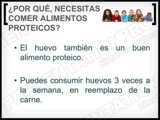 ¿POR QUÉ‚ NECESITAS
COMER ALIMENTOS
PROTEICOS?

 • El huevo también es un buen
   alimento proteico.

 • Puedes consumir huevos 3 veces a
   la semana, en reemplazo de la
   carne.
 