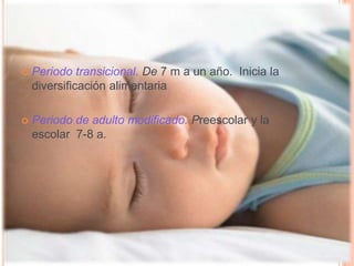 Periodo transicional. De 7 m a un año.  Inicia la diversificación alimentariaPeriodo de adulto modificado. Preescolar y la escolar  7-8 a. 