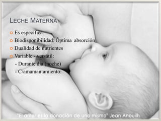 Leche MaternaEs específicaBiodisponibilidad: Óptima 	absorción Dualidad de nutrientesVariable - versátil:     - Durante día (noche)    - C/amamantamiento: 	