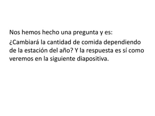 Nos hemos hecho una pregunta y es: 
¿Cambiará la cantidad de comida dependiendo 
de la estación del año? Y la respuesta es sí como 
veremos en la siguiente diapositiva. 
 