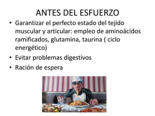 ANTES DEL ESFUERZO
• Garantizar el perfecto estado del tejido
muscular y articular: empleo de aminoácidos
ramificados, glutamina, taurina ( ciclo
energético)
• Evitar problemas digestivos
• Ración de espera
 