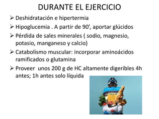 DURANTE EL EJERCICIO
 Deshidratación e hipertermia
 Hipoglucemia . A partir de 90’, aportar glúcidos
 Pérdida de sales minerales ( sodio, magnesio,
potasio, manganeso y calcio)
 Catabolismo muscular: incorporar aminoácidos
ramificados o glutamina
 Proveer unos 200 g de HC altamente digeribles 4h
antes; 1h antes solo líquida
 