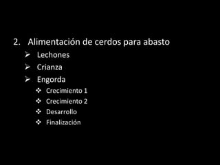 2. Alimentación de cerdos para abasto
 Lechones
 Crianza
 Engorda
 Crecimiento 1
 Crecimiento 2
 Desarrollo
 Finalización
 