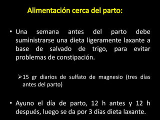 • Una semana antes del parto debe
suministrarse una dieta ligeramente laxante a
base de salvado de trigo, para evitar
problemas de constipación.
15 gr diarios de sulfato de magnesio (tres días
antes del parto)
• Ayuno el día de parto, 12 h antes y 12 h
después, luego se da por 3 días dieta laxante.
 