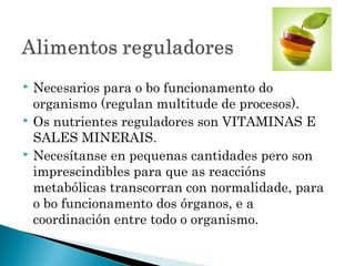  Necesarios para o bo funcionamento do
organismo (regulan multitude de procesos).
 Os nutrientes reguladores son VITAMINAS E
SALES MINERAIS.
 Necesítanse en pequenas cantidades pero son
imprescindibles para que as reaccións
metabólicas transcorran con normalidade, para
o bo funcionamento dos órganos, e a
coordinación entre todo o organismo.
 