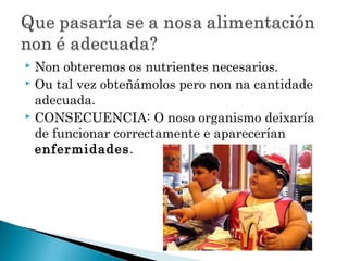  Non obteremos os nutrientes necesarios.
 Ou tal vez obteñámolos pero non na cantidade
adecuada.
 CONSECUENCIA: O noso organismo deixaría
de funcionar correctamente e aparecerían
enfermidades.
 
