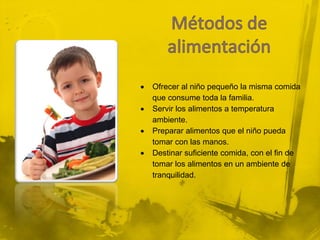    Ofrecer al niño pequeño la misma comida
    que consume toda la familia.
   Servir los alimentos a temperatura
    ambiente.
   Preparar alimentos que el niño pueda
    tomar con las manos.
   Destinar suficiente comida, con el fin de
    tomar los alimentos en un ambiente de
    tranquilidad.
 