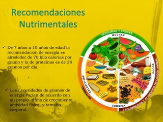  De 7 años a 10 años de edad la
  recomendación de energía es
  alrededor de 70 kilo calorías por
  gramo y la de proteínas es de 28
  gramos por día.




  Las necesidades de gramos de
   energía varían de acuerdo con
   su propio ritmo de crecimiento,
   actividad física, y tamaño
   corporal.
 