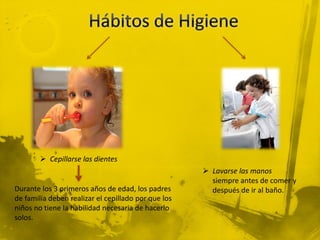  Cepillarse las dientes
                                                      Lavarse las manos
                                                       siempre antes de comer y
Durante los 3 primeros años de edad, los padres        después de ir al baño.
de familia deben realizar el cepillado por que los
niños no tiene la habilidad necesaria de hacerlo
solos.
 