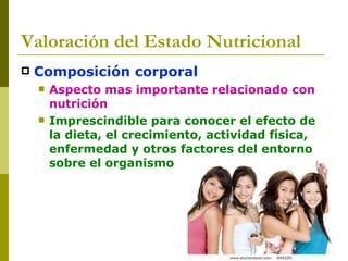 Valoración del Estado Nutricional Composición corporal Aspecto mas importante relacionado con nutrición Imprescindible para conocer el efecto de la dieta, el crecimiento, actividad física, enfermedad y otros factores del entorno sobre el organismo 