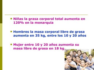 Niñas la grasa corporal total aumenta en 120% en la menarquia Hombres la masa corporal libre de grasa aumenta en 35 kg, entre los 10 y 20 años Mujer entre 10 y 20 años aumenta su masa libre de grasa en 18 kg. 