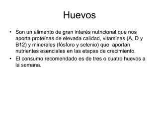 Huevos
• Son un alimento de gran interés nutricional que nos
aporta proteínas de elevada calidad, vitaminas (A, D y
B12) y minerales (fósforo y selenio) que aportan
nutrientes esenciales en las etapas de crecimiento.
• El consumo recomendado es de tres o cuatro huevos a
la semana.

 
